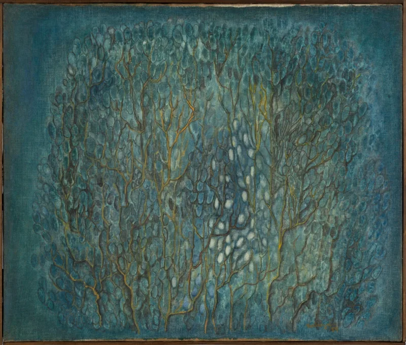 Fujiko Nakaya "Blue Gothic". 1959. oil on wood. © Haus der Kunst, 2022. Photo: Thomas Dashuber, Courtesy the Artist