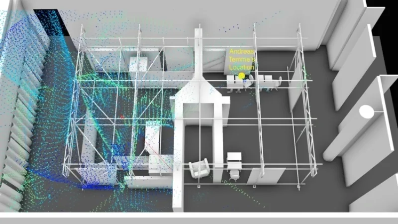 77sqm_9:26min_5: Simulated propagation of sound within a digital model of the internet café that was designed to mimic the exact dimensions and materials of the actual space. Image: Forensic Architecture and Anderson Acoustics, 2017