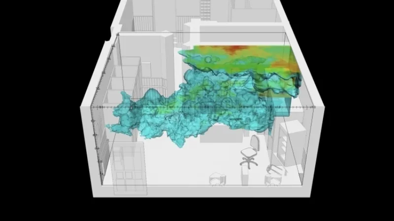 77sqm_9:26min_4: Fluid dynamics simulation of gunpowder residue particles (ammonia) within the front room of the internet cafe. Image: Forensic Architecture and Dr. Salvador Navarro-Martinez, 2017