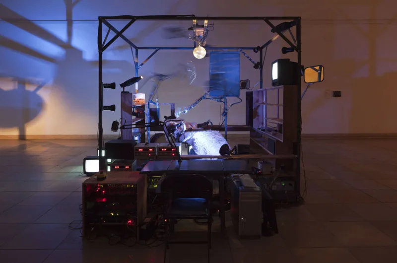 Janet Cardiff & George Bures Miller, The Killing Machine, 2007, mixed media audio installation, pneumatics, robotics, installation view Haus der Kunst 2012, Courtesy Sammlung Goetz, München, photo: Wilfried Petzi