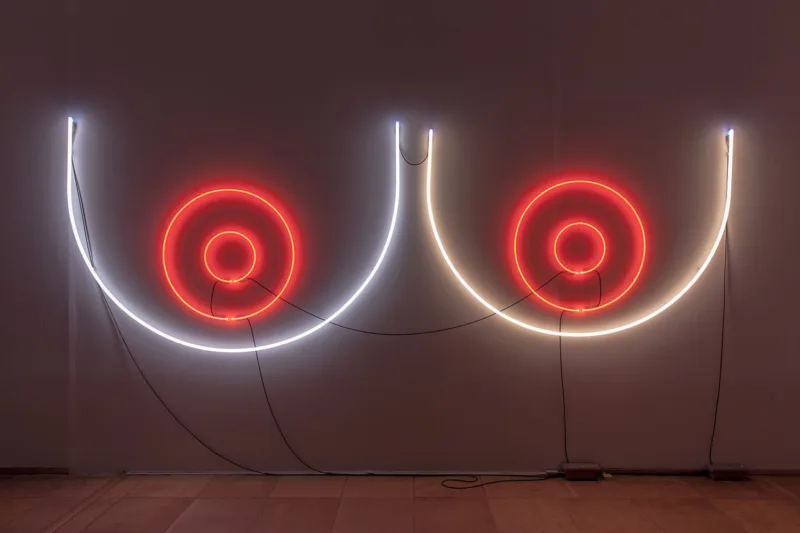 Adele Röder Installation view Haus der Kunst COMCORRÖDER Breast Totem (Part Five) C-Component and Umlaut Neon Lights (Neon / Argon / Krypton / Mercury), 2010/2015 From "O L Y M P I A, or: Message from the Dark Room" Series Photo: Maximilian Geuter