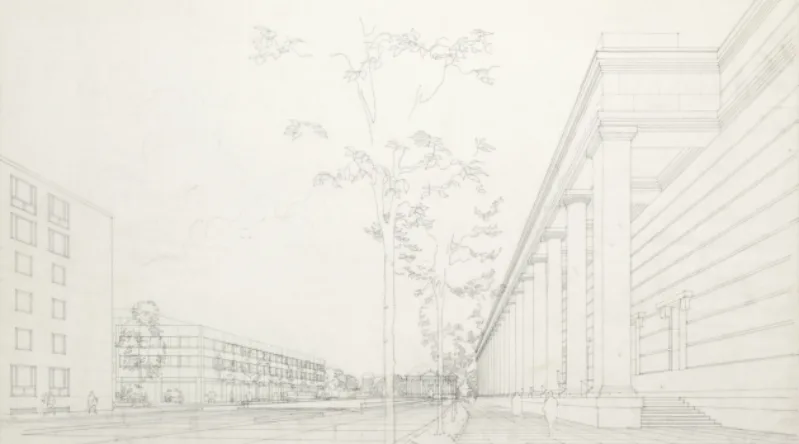 Staatliches Bauamt München I, studie Prinzregentenstraße, Altstadtring, view to the West with facade of Haus der Kunst, proposal with side staircase, 1966, Haus der Kunst, Historical Archive, photo Wilfried Petzi