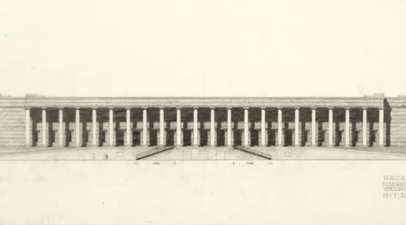 Staatliches Bauamt München I, Haus der Kunst, Facade facing Englischer Garten, proposal with ramps, April 1966, Haus der Kunst, Historical Archive, photo Wilfried Petzi