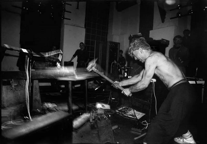 FM Einheit concert Einstürzende Neubauten, Bochum, 1982. Photo: Wolfgang Burat