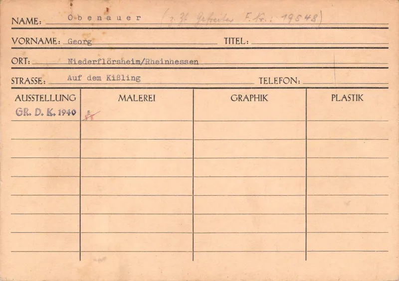 Karteikartei von Georg Obenauer (Haus der Kunst, Historisches Archiv, HdDK 36/4)