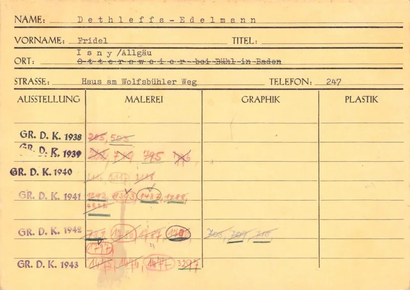 Karteikartei von Fridel Dethleffs-Edelmann Teil 1 (Haus der Kunst, Historisches Archiv, HdDK 37/1)