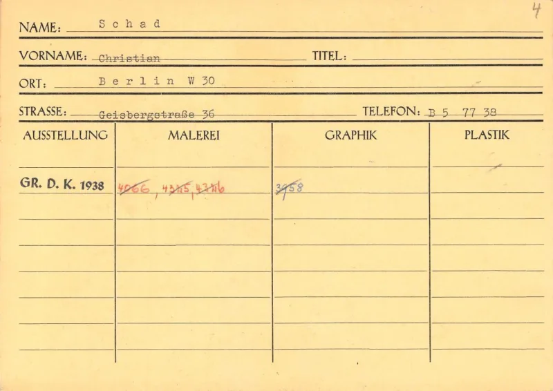 Christian Schad’s index card (Haus der Kunst, Historical Archive, HdDK 36/5)