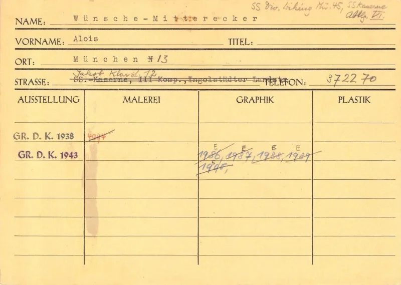 Alois Wünsche-Mitterecker’s index card (Haus der Kunst, Historical Archive, HdDK 36/6)