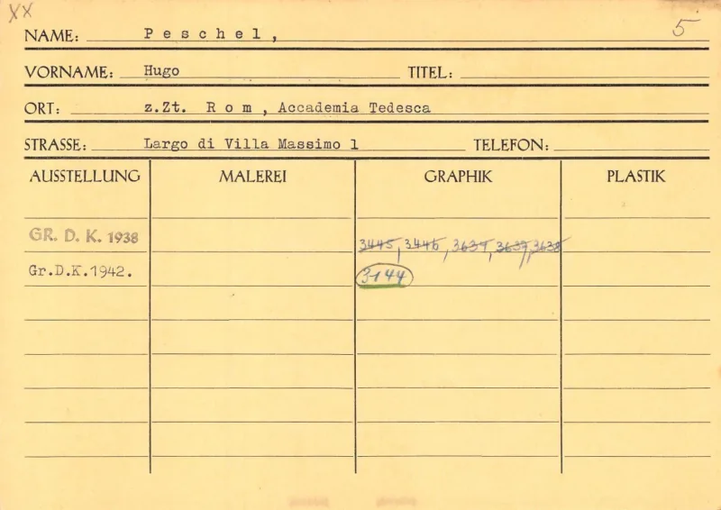 Hugo Peschel’s index card (Haus der Kunst, Historical Archive, HdDK 36/4)