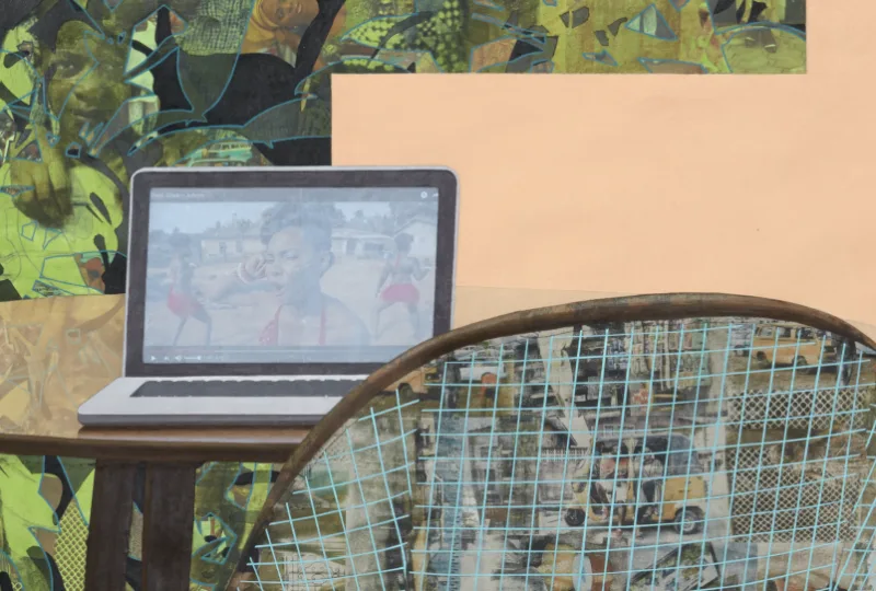 Njideka Akunyili Crosby, Garden Thriving, 2016, detail. Exhibition view, Interiorities (2020), Haus der Kunst, Conolly Weber Photography