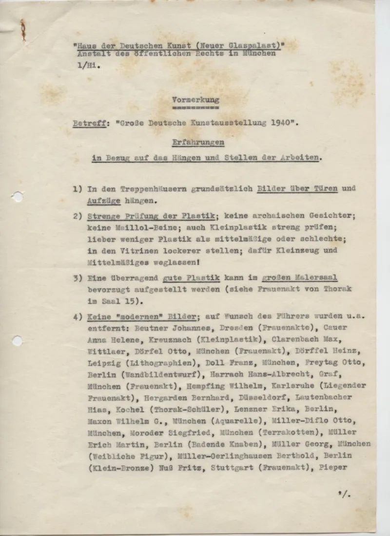 Typescript “Erfahrungen in Bezug auf das Hängen und Stellen der Arbeiten in der Großen Deutschen Kunstausstellung 1940“ [Experiences with Regard to Hanging and Placing the Works in the Great German Art Exhibition], July 23, 1940 © Haus der Kunst, Historisches Archiv, HdDK 35