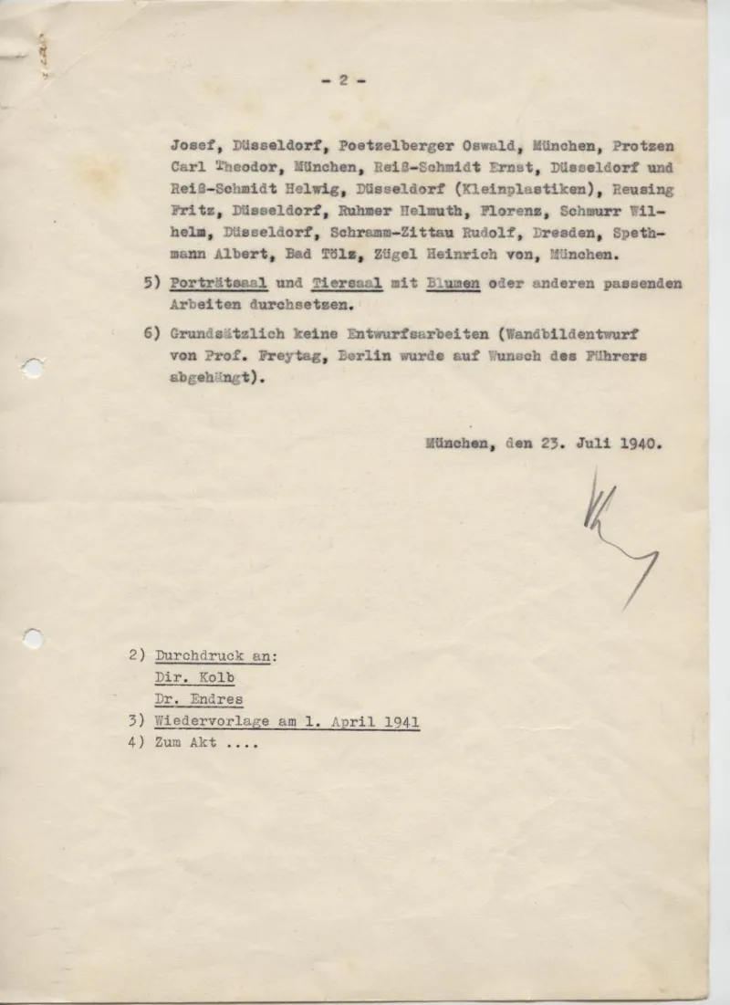 Typescript “Erfahrungen in Bezug auf das Hängen und Stellen der Arbeiten in der Großen Deutschen Kunstausstellung 1940“ [Experiences with Regard to Hanging and Placing the Works in the Great German Art Exhibition], July 23, 1940 © Haus der Kunst, Historisches Archiv, HdDK 35