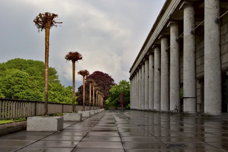 Gustav Metzger Strampelde Bäumf Installation mit kopfüber gestürzten Bäumen auf der Terrasse des Haus der Kunst, 2010 Foto: Marino Solokhov