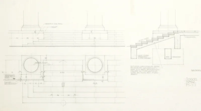 Staatliches Bauamt München I, Treppe am Portikus, Stufen- und Sockelausbildung, Mai 1970, Haus der Kunst, Historisches Archiv, Foto Wilfried Petzi