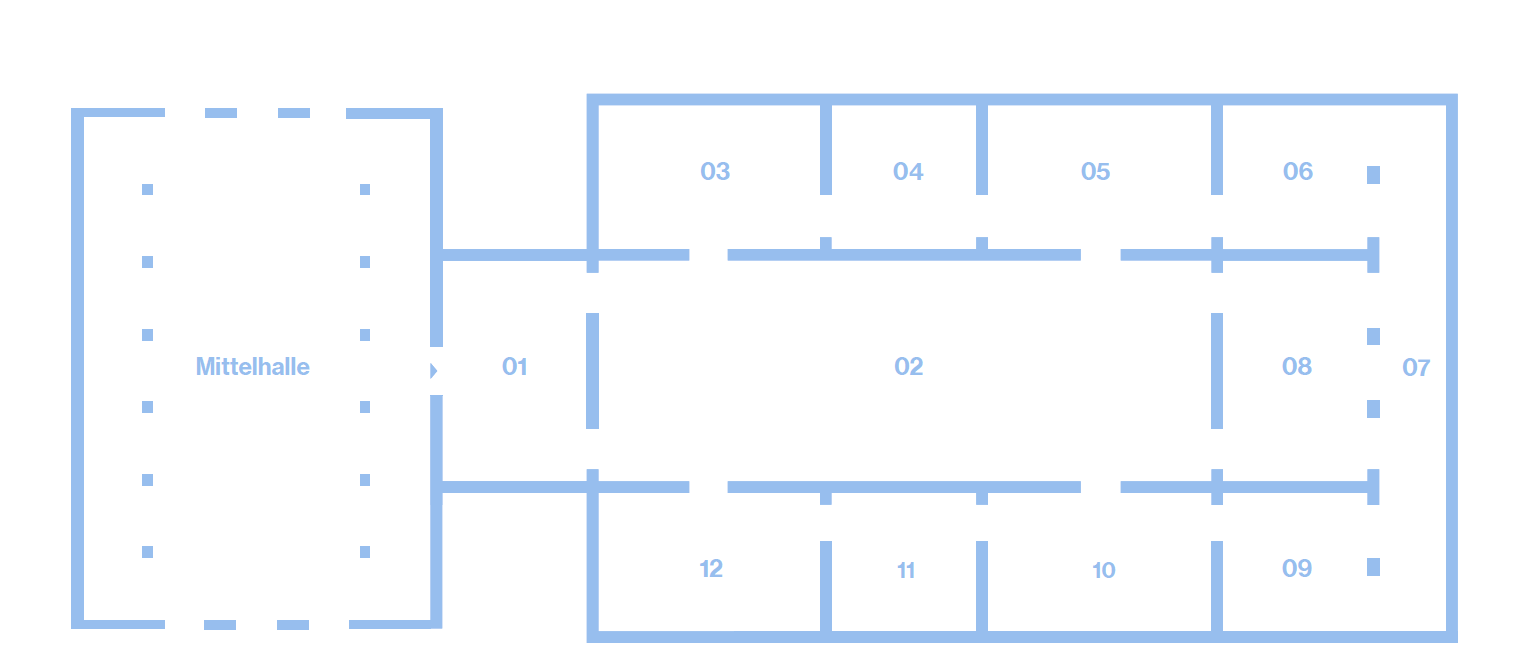 Grundriss der Nordgalerie mit einer großen Mittelhalle und 12 Räumen. 